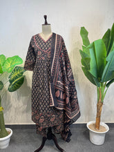 Ajrack cotton Black 3-pc Anarkali Set with V-neck